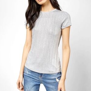 TED BAKER Short Sleeve Metallic Fitted Tee in Silver Women's Size Medium